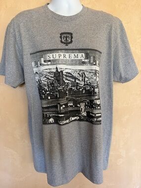 Supreme Gray Crewneck Tee with Black Cityscape Graphic